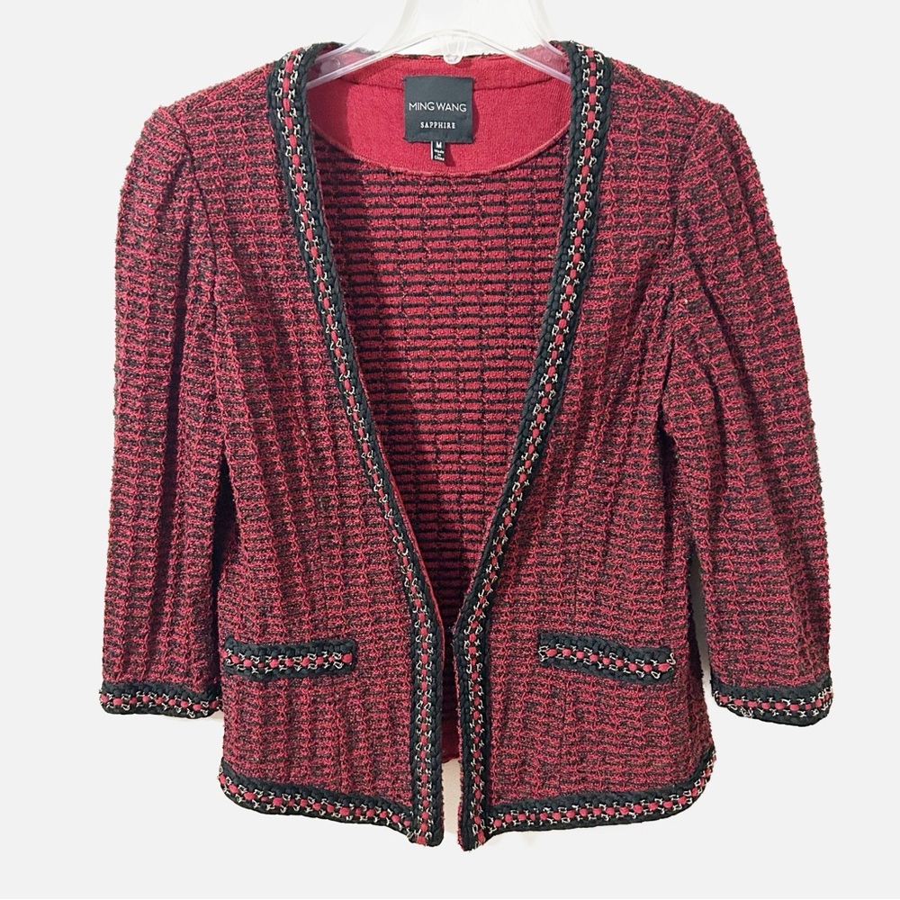 Ming Wang Classic Texture Whipstitch Chain Trim Knit 3/4 Sleeve Cardigan Jacket